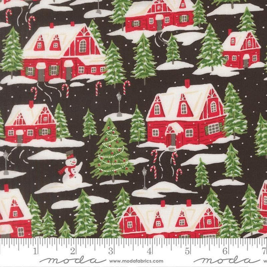 Image of Holiday Cheer Cardinals Village Midnight quilting cotton fabric by Stacy Iest Hsu for Moda Fabrics. Features a village on a black background. Cute Little Fabric Shop.