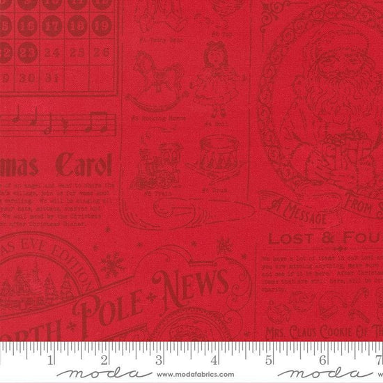 Image of Holiday Cheer North Pole News Poinsettia quilting cotton fabric by Stacy Iest Hsu for Moda Fabrics. Features words on a red background. Cute Little Fabric Shop.