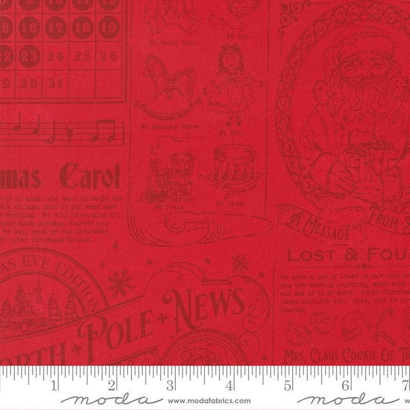 Image of Holiday Cheer North Pole News Poinsettia quilting cotton fabric by Stacy Iest Hsu for Moda Fabrics. Features words on a red background. Cute Little Fabric Shop.