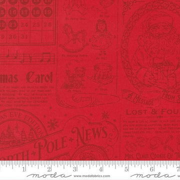 Image of Holiday Cheer North Pole News Poinsettia quilting cotton fabric by Stacy Iest Hsu for Moda Fabrics. Features words on a red background. Cute Little Fabric Shop.