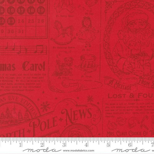 Image of Holiday Cheer North Pole News Poinsettia quilting cotton fabric by Stacy Iest Hsu for Moda Fabrics. Features words on a red background. Cute Little Fabric Shop.