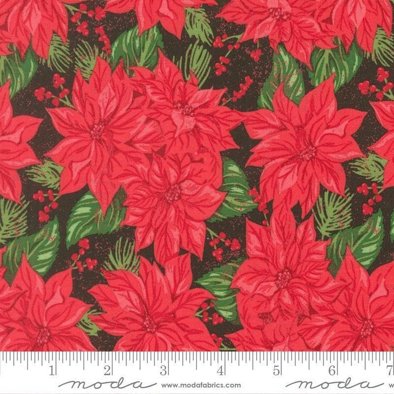 Image of Holiday Cheer Vintage Poinsettia Midnight Poinsettia quilting cotton fabric by Stacy Iest Hsu for Moda Fabrics. Features flowers on a black and red background. Cute Little Fabric Shop.