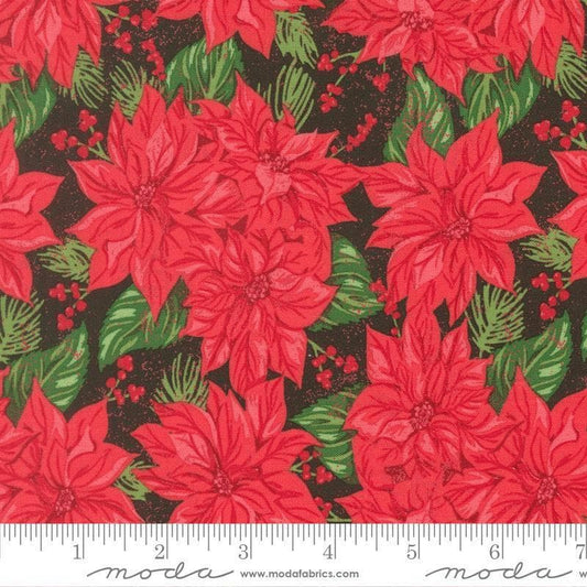 Image of Holiday Cheer Vintage Poinsettia Midnight Poinsettia quilting cotton fabric by Stacy Iest Hsu for Moda Fabrics. Features flowers on a black and red background. Cute Little Fabric Shop.