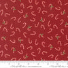 Image of Holiday Cheer Candy Cane Cardinal quilting cotton fabric by Stacy Iest Hsu for Moda Fabrics. Features candy canes on a red background. Cute Little Fabric Shop.