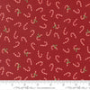 Image of Holiday Cheer Candy Cane Cardinal quilting cotton fabric by Stacy Iest Hsu for Moda Fabrics. Features candy canes on a red background. Cute Little Fabric Shop.