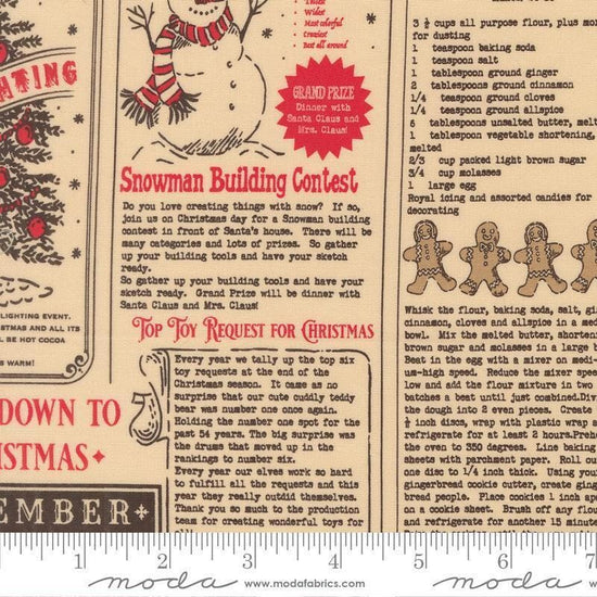 Image of Holiday Cheer North Pole News Natural Midnight quilting cotton fabric by Stacy Iest Hsu for Moda Fabrics. Features words on a beige background. Cute Little Fabric Shop.