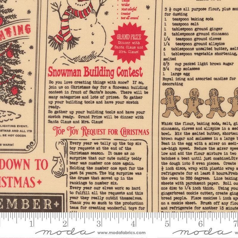 Image of Holiday Cheer North Pole News Natural Midnight quilting cotton fabric by Stacy Iest Hsu for Moda Fabrics. Features words on a beige background. Cute Little Fabric Shop.