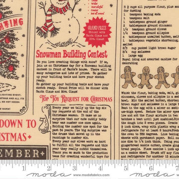 Image of Holiday Cheer North Pole News Natural Midnight quilting cotton fabric by Stacy Iest Hsu for Moda Fabrics. Features words on a beige background. Cute Little Fabric Shop.
