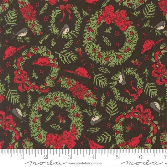 Image of Holiday Cheer Deck the Halls Midnight quilting cotton fabric by Stacy Iest Hsu for Moda Fabrics. Features wreaths on a black background. Cute Little Fabric Shop.