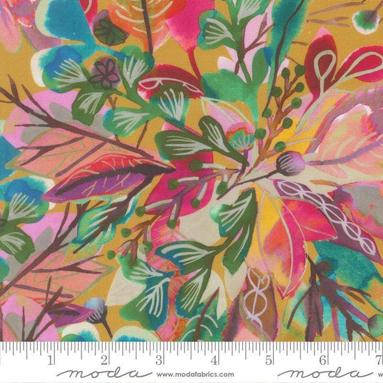 Image of Northern Brights Sagebrush Golden quilting cotton fabric by Amarilys Henderson for Moda Fabrics. Features leaves on a yellow background. Cute Little Fabric Shop.