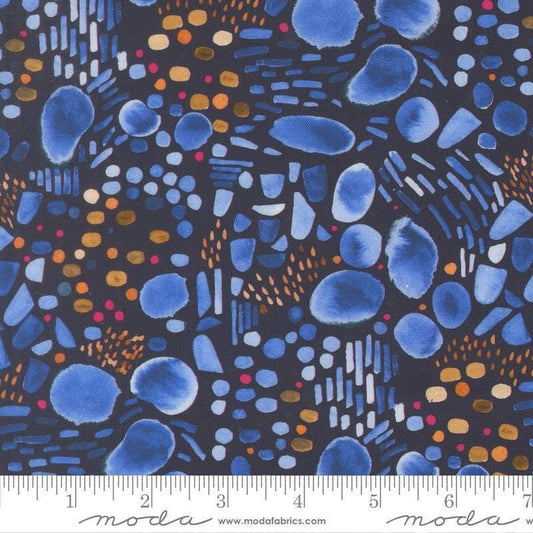 Image of Northern Brights Pebble Night Sky quilting cotton fabric by Amarilys Henderson for Moda Fabrics. Features spots on a black background. Cute Little Fabric Shop.