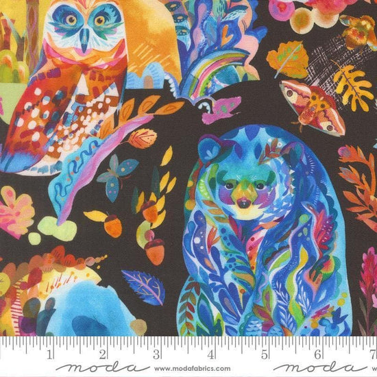 Image of Northern Brights Watercolor Animals Night Sky quilting cotton fabric by Amarilys Henderson for Moda Fabrics. Features animals on a black background. Cute Little Fabric Shop.