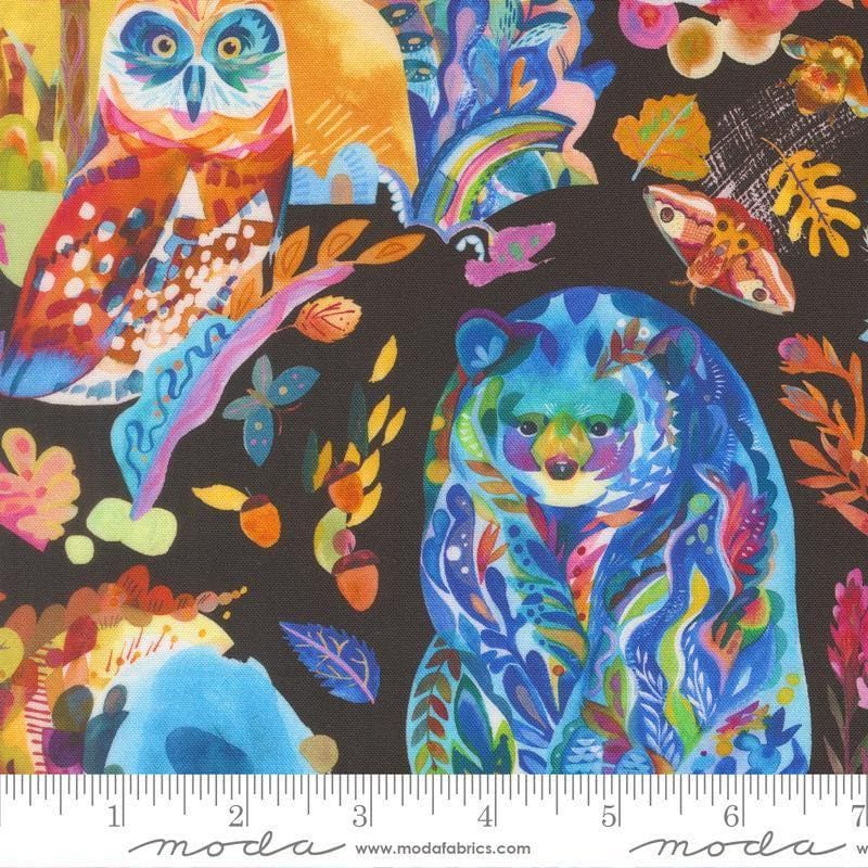 Image of Northern Brights Watercolor Animals Night Sky quilting cotton fabric by Amarilys Henderson for Moda Fabrics. Features animals on a black background. Cute Little Fabric Shop.
