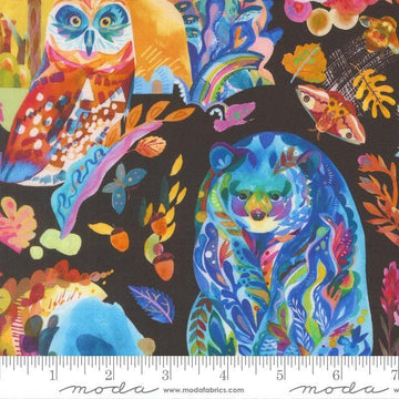 Image of Northern Brights Watercolor Animals Night Sky quilting cotton fabric by Amarilys Henderson for Moda Fabrics. Features animals on a black background. Cute Little Fabric Shop.