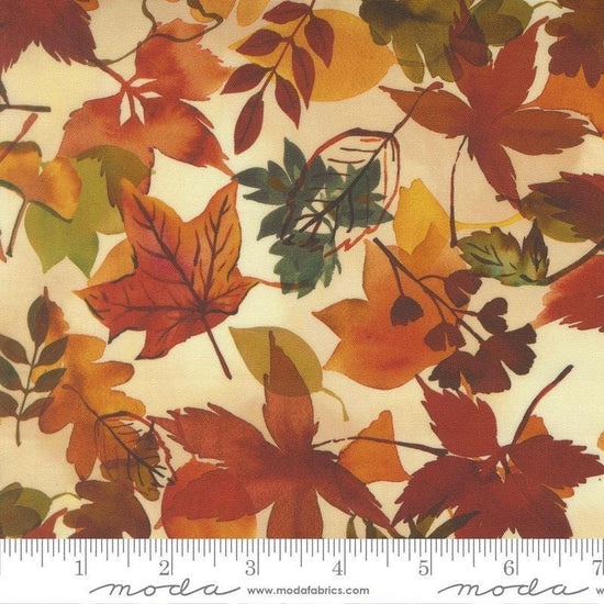 Image of Northern Brights Fallen Leaves Autumn quilting cotton fabric by Amarilys Henderson for Moda Fabrics. Features leaves on a cream background. Cute Little Fabric Shop.