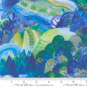Image of Northern Brights Landscape Sky quilting cotton fabric by Amarilys Henderson for Moda Fabrics. Features a landscape on a blue background. Cute Little Fabric Shop.