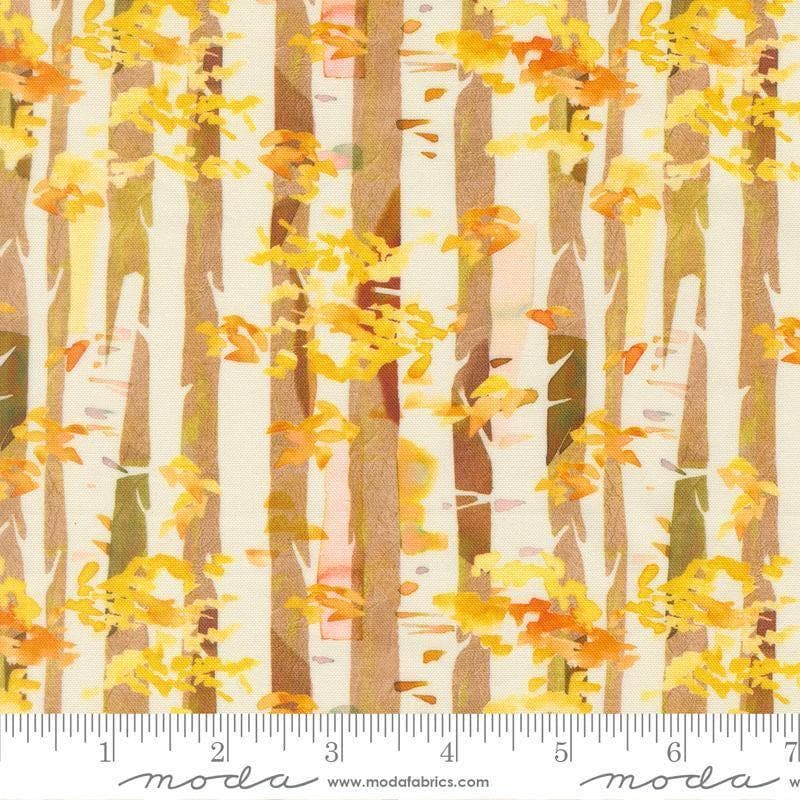 Image of Northern Brights Birch Birch quilting cotton fabric by Amarilys Henderson for Moda Fabrics. Features trees on a yellow background. Cute Little Fabric Shop.