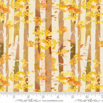Image of Northern Brights Birch Birch quilting cotton fabric by Amarilys Henderson for Moda Fabrics. Features trees on a yellow background. Cute Little Fabric Shop.