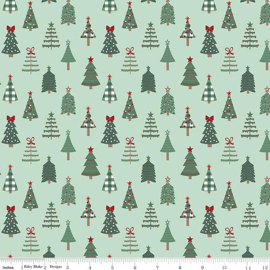 Image of Evergreen Wishes Trees Mint quilting cotton fabric by Traci Reed for Riley Blake Designs. Features trees on a green background. Cute Little Fabric Shop.