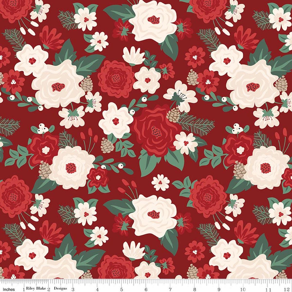 Image of Evergreen Wishes Main Red quilting cotton fabric by Traci Reed for Riley Blake Designs. Features flowers on a red background. Cute Little Fabric Shop.
