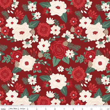 Image of Evergreen Wishes Main Red quilting cotton fabric by Traci Reed for Riley Blake Designs. Features flowers on a red background. Cute Little Fabric Shop.