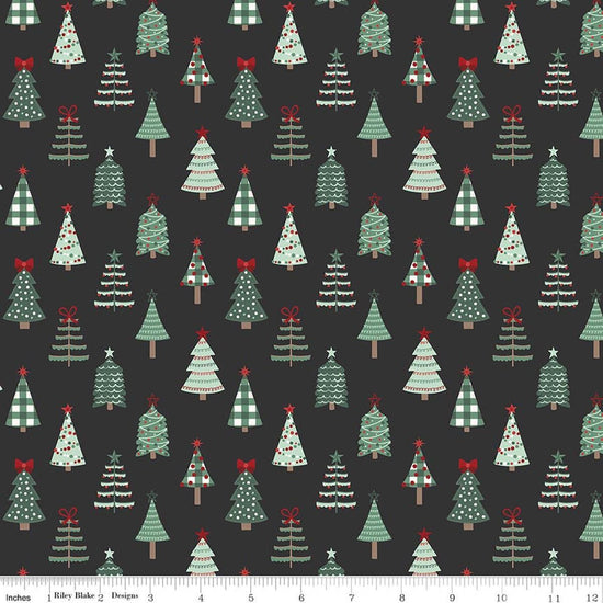 Image of Evergreen Wishes Trees Black quilting cotton fabric by Traci Reed for Riley Blake Designs. Features trees on a black background. Cute Little Fabric Shop.