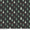 Image of Evergreen Wishes Trees Black quilting cotton fabric by Traci Reed for Riley Blake Designs. Features trees on a black background. Cute Little Fabric Shop.