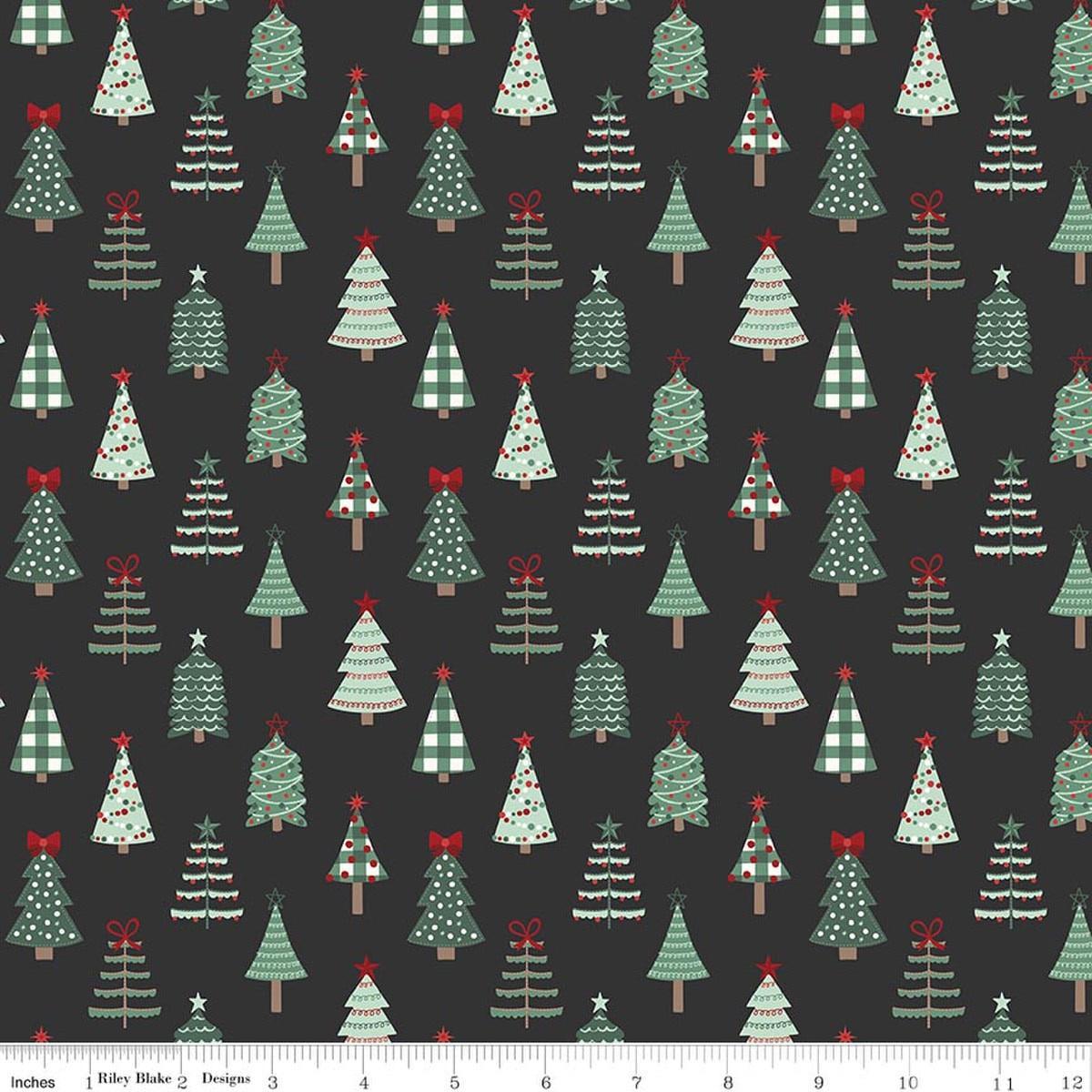 Image of Evergreen Wishes Trees Black quilting cotton fabric by Traci Reed for Riley Blake Designs. Features trees on a black background. Cute Little Fabric Shop.