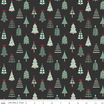 Image of Evergreen Wishes Trees Black quilting cotton fabric by Traci Reed for Riley Blake Designs. Features trees on a black background. Cute Little Fabric Shop.