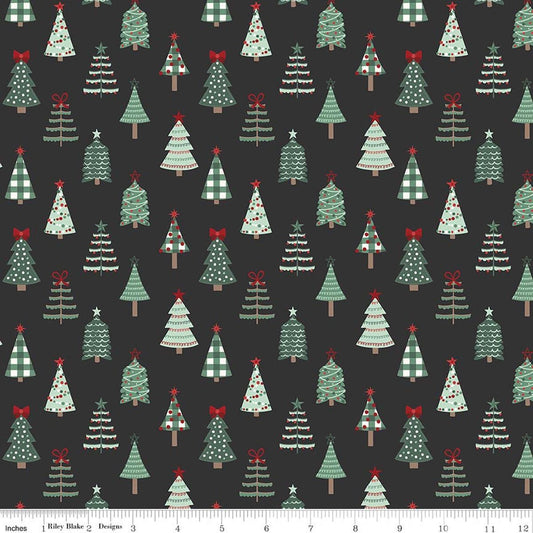 Image of Evergreen Wishes Trees Black quilting cotton fabric by Traci Reed for Riley Blake Designs. Features trees on a black background. Cute Little Fabric Shop.