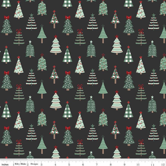 Image of Evergreen Wishes Trees Black quilting cotton fabric by Traci Reed for Riley Blake Designs. Features trees on a black background. Cute Little Fabric Shop.