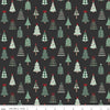 Image of Evergreen Wishes Trees Black quilting cotton fabric by Traci Reed for Riley Blake Designs. Features trees on a black background. Cute Little Fabric Shop.