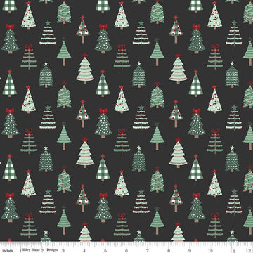 Image of Evergreen Wishes Trees Black quilting cotton fabric by Traci Reed for Riley Blake Designs. Features trees on a black background. Cute Little Fabric Shop.