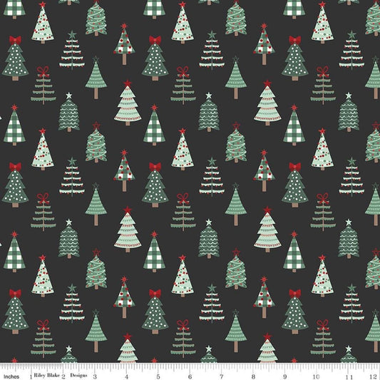 Image of Evergreen Wishes Trees Black quilting cotton fabric by Traci Reed for Riley Blake Designs. Features trees on a black background. Cute Little Fabric Shop.