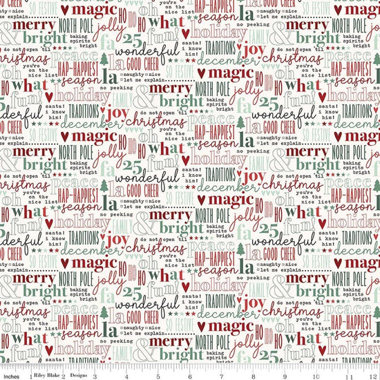 Image of Evergreen Wishes Text Cream quilting cotton fabric by Traci Reed for Riley Blake Designs. Features text on a white background. Cute Little Fabric Shop.