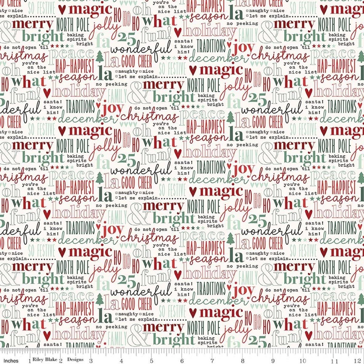 Image of Evergreen Wishes Text Cream quilting cotton fabric by Traci Reed for Riley Blake Designs. Features text on a white background. Cute Little Fabric Shop.