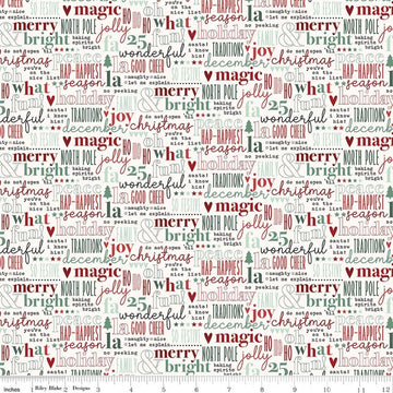 Image of Evergreen Wishes Text Cream quilting cotton fabric by Traci Reed for Riley Blake Designs. Features text on a white background. Cute Little Fabric Shop.