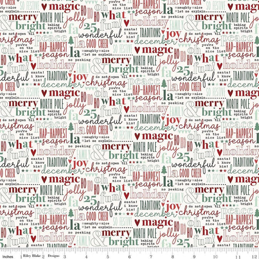 Image of Evergreen Wishes Text Cream quilting cotton fabric by Traci Reed for Riley Blake Designs. Features text on a white background. Cute Little Fabric Shop.