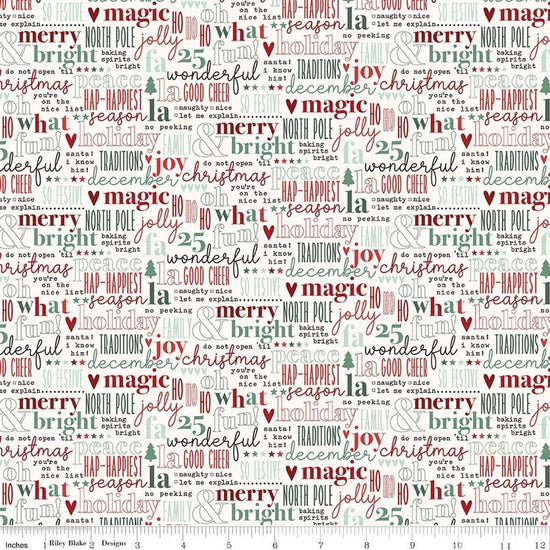 Image of Evergreen Wishes Text Cream quilting cotton fabric by Traci Reed for Riley Blake Designs. Features text on a white background. Cute Little Fabric Shop.