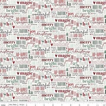 Image of Evergreen Wishes Text Cream quilting cotton fabric by Traci Reed for Riley Blake Designs. Features text on a white background. Cute Little Fabric Shop.