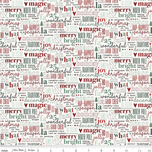 Image of Evergreen Wishes Text Cream quilting cotton fabric by Traci Reed for Riley Blake Designs. Features text on a white background. Cute Little Fabric Shop.