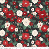 Image of Evergreen Wishes Main Black quilting cotton fabric by Traci Reed for Riley Blake Designs. Features flowers on a black background. Cute Little Fabric Shop.