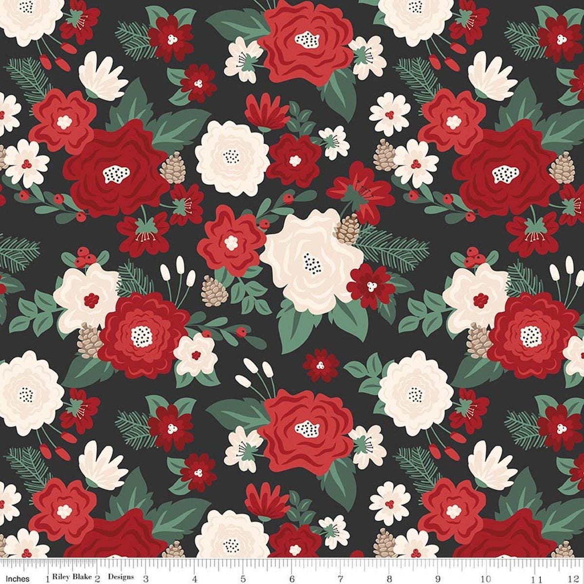 Image of Evergreen Wishes Main Black quilting cotton fabric by Traci Reed for Riley Blake Designs. Features flowers on a black background. Cute Little Fabric Shop.