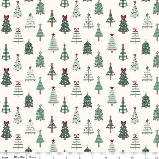 Image of Evergreen Wishes Trees Cream quilting cotton fabric by Traci Reed for Riley Blake Designs. Features trees on a white background. Cute Little Fabric Shop.