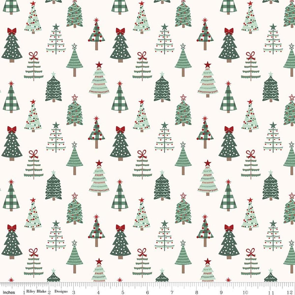 Image of Evergreen Wishes Trees Cream quilting cotton fabric by Traci Reed for Riley Blake Designs. Features trees on a white background. Cute Little Fabric Shop.