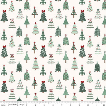 Image of Evergreen Wishes Trees Cream quilting cotton fabric by Traci Reed for Riley Blake Designs. Features trees on a white background. Cute Little Fabric Shop.