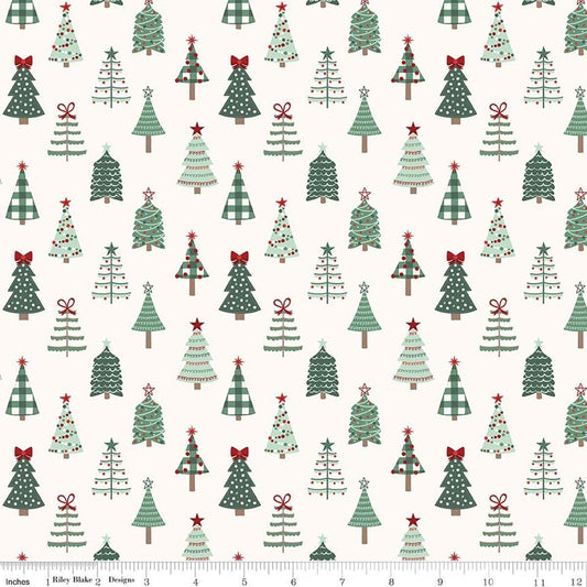 Image of Evergreen Wishes Trees Cream quilting cotton fabric by Traci Reed for Riley Blake Designs. Features trees on a white background. Cute Little Fabric Shop.