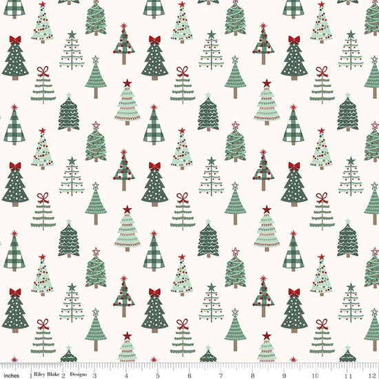 Image of Evergreen Wishes Trees Cream quilting cotton fabric by Traci Reed for Riley Blake Designs. Features trees on a white background. Cute Little Fabric Shop.