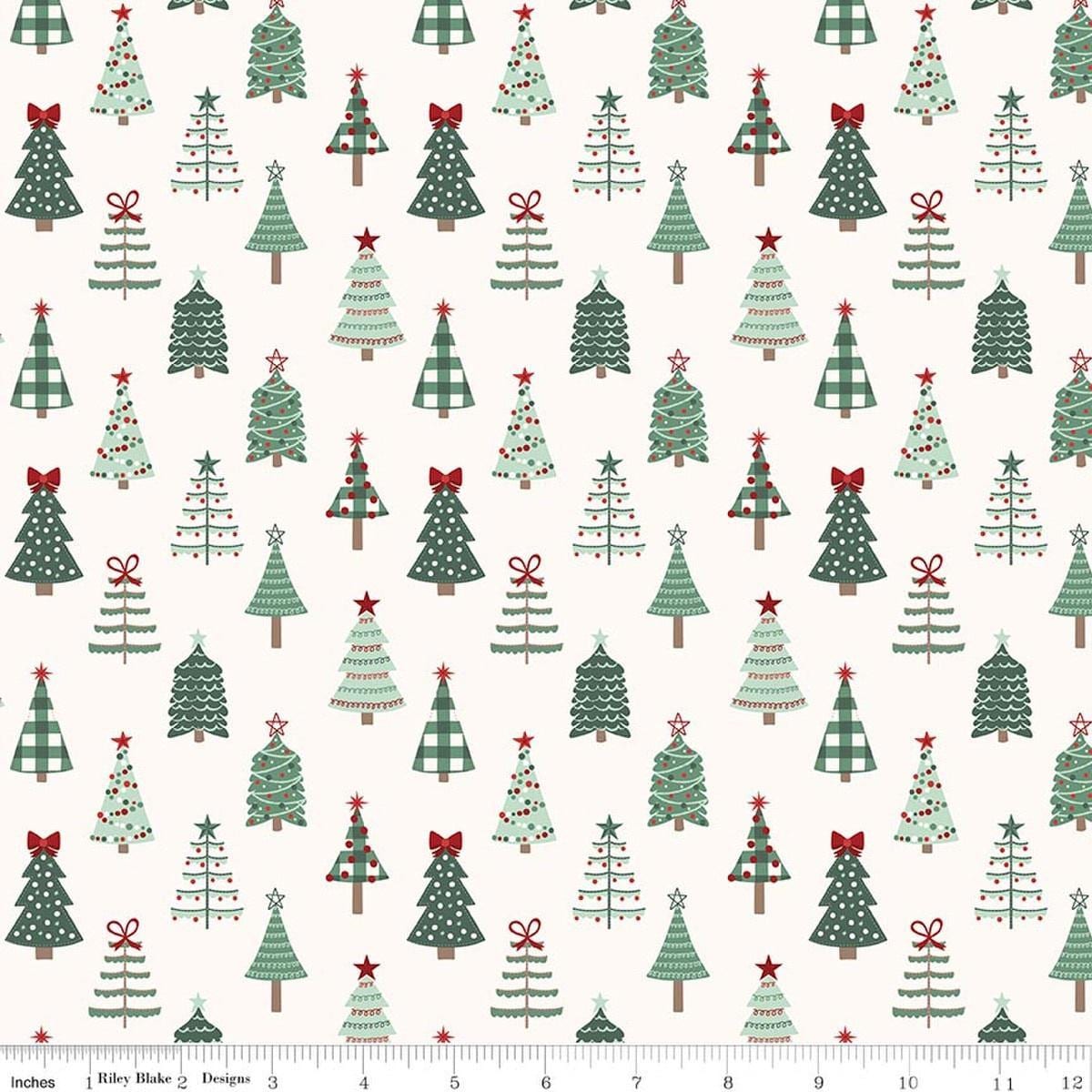 Image of Evergreen Wishes Trees Cream quilting cotton fabric by Traci Reed for Riley Blake Designs. Features trees on a white background. Cute Little Fabric Shop.