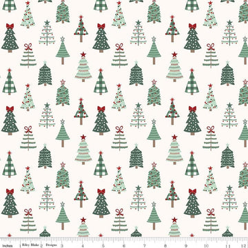 Image of Evergreen Wishes Trees Cream quilting cotton fabric by Traci Reed for Riley Blake Designs. Features trees on a white background. Cute Little Fabric Shop.
